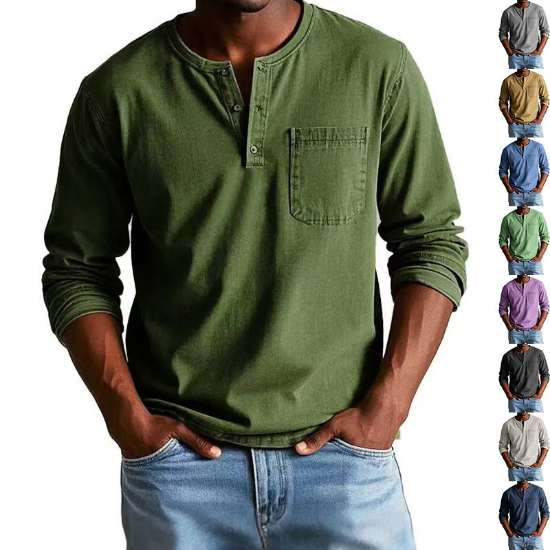 Men's V-Neck Long Sleeve T-Shirt - Button Design Casual Pullover