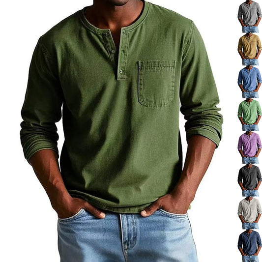 Men's V-Neck Long Sleeve T-Shirt - Button Design Casual Pullover