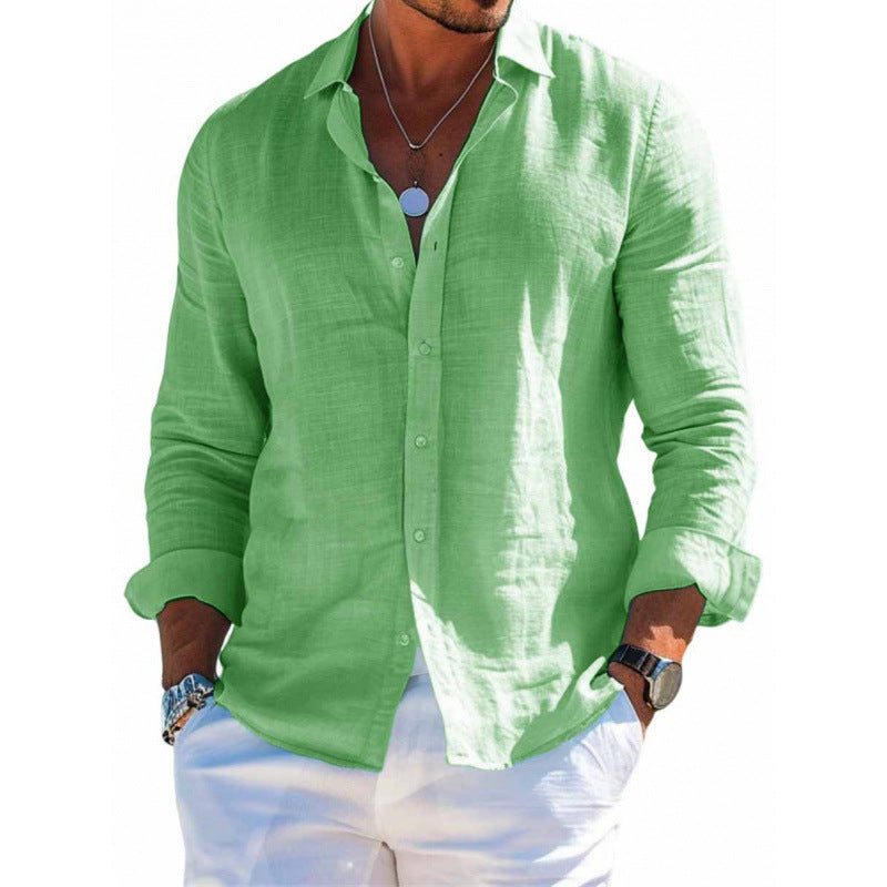 Men's Long Sleeve Casual Loose Lapel Button Shirt - Solid Color Plus Size Top