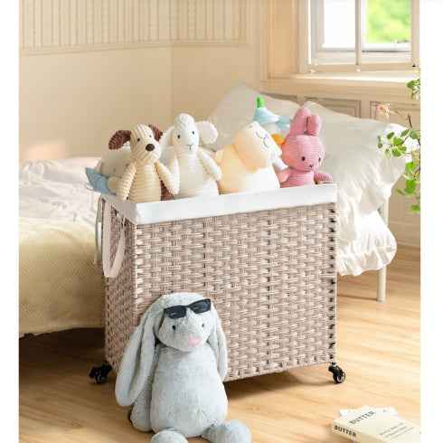 Laundry Hamper with Lid - PE Rattan 160L with Removable Bags & Wheels, Gray - DropOnline.co