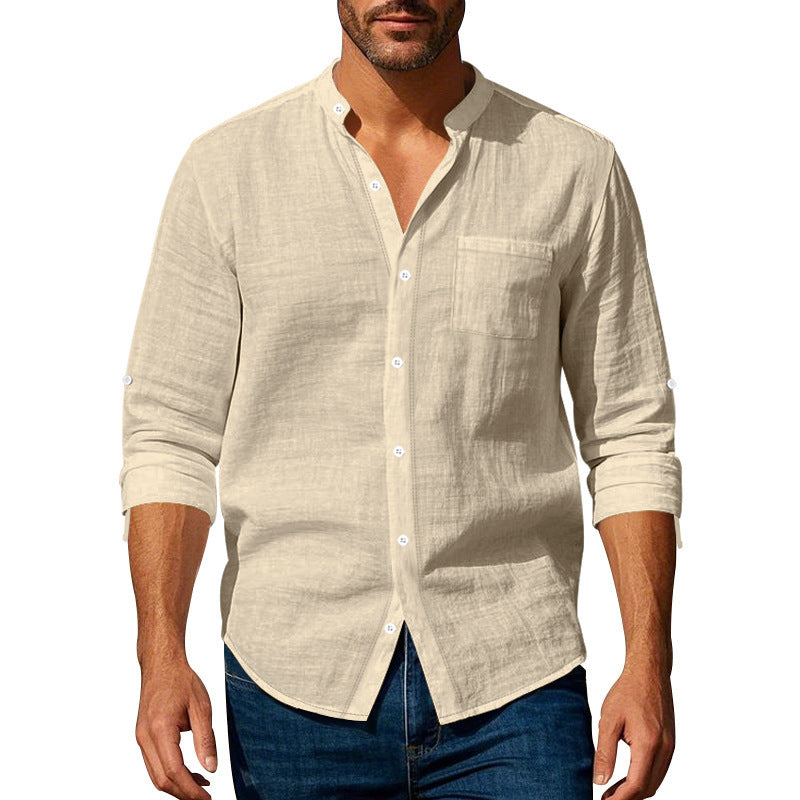 Men's Long Sleeve Stand Collar Shirt with Pockets - Casual Button-Up Top