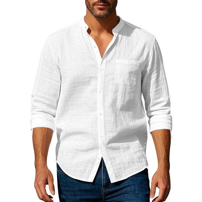 Men's Long Sleeve Stand Collar Shirt with Pockets - Casual Button-Up Top