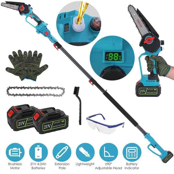 2-IN-1 Cordless Pole Saw And Mini Chainsaw With Extension Pole 21V Battery 6' Electric Brushless Pole Chainsaw With Digital Display Auto Oiler Safety Switch For Tree Trimming
