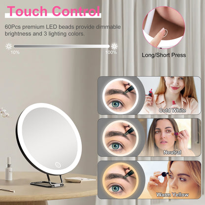 White-Black Options -- 1Pc 30X Magnifying Mirror With Light 3 Colors Dimmable Brightness Included Tweezer Scissor Travel Magnifying Makeup Mirror With Suction Cup 360 Degree Adjustable Stand - DropOnline.co