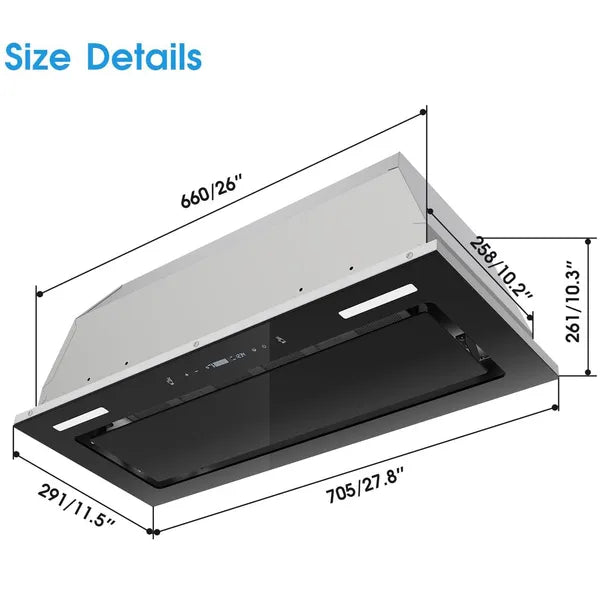 Range Hood Insert 30 Inch 800 CFM, Built-in Vent Hood Black Glass Gesture & Touch Control Kitchen Exhaust Fan, Mesh Filters Recirculating Stove Hood Dual LED Lights Ducted/Ductless Convertible