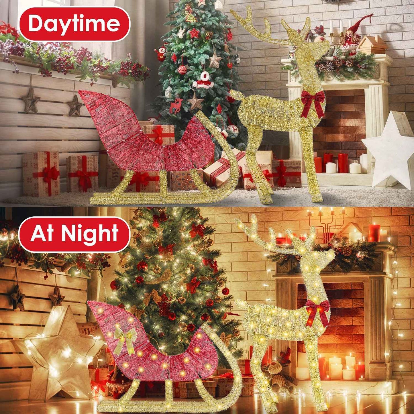Lighted Christmas Reindeer & Sleigh - Indoor Outdoor Decoration with 8 Lighting Modes
