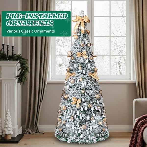 6 FT Snow Flocked Pre-lit Pop Up Christmas Tree with 100 Warm Lights & Ornaments