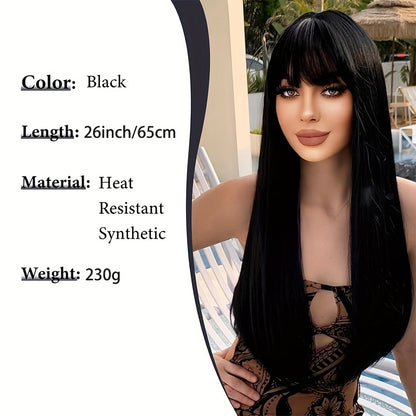 Stylish Synthetic Wig With Straight Hair, Non-toxic Wig, 26-inch Heat-resistant Long Black Hair, Bangs And Rose Net Hat, Suitable For The Whole Scene. - DropOnline.co