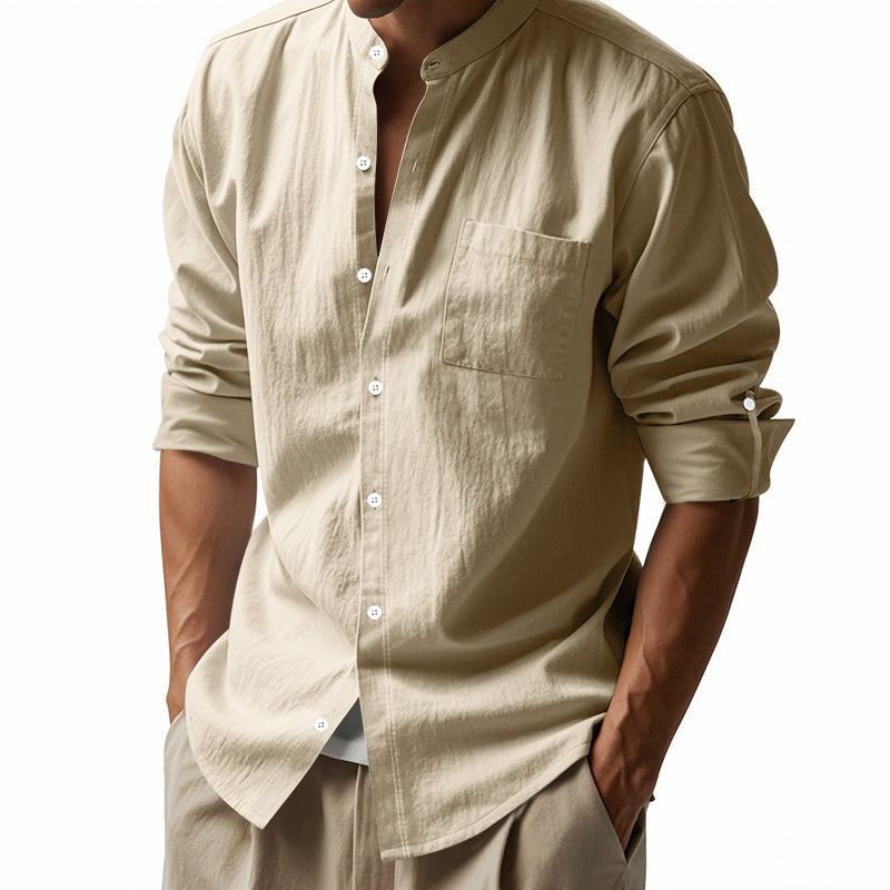Men's Long Sleeve Stand Collar Shirt with Pockets - Casual Button-Up Top