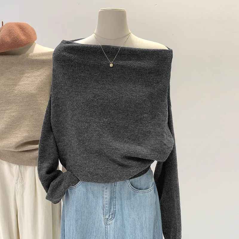 French Lazy Style Off-shoulder Loose Knit Base Sweater