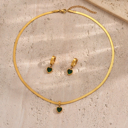 Lxalry 18K Gold Plated Stainless Steel Green Heart Jewelry Set For Women - Waterproof Hypoallergenic Elegant Necklace And Earrings Gift For Birthday Wedding Anniversary Christmas Daily Wear - DropOnline.co