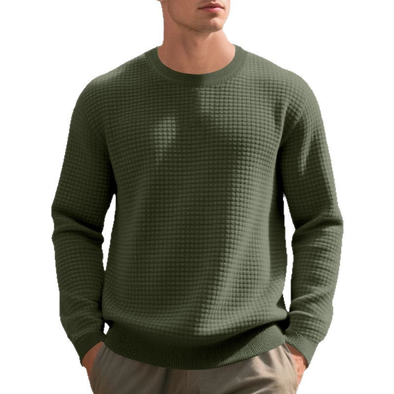 Men's Loose Simple Sports Jacquard Round Neck Sweater - Long Sleeve Athletic Top