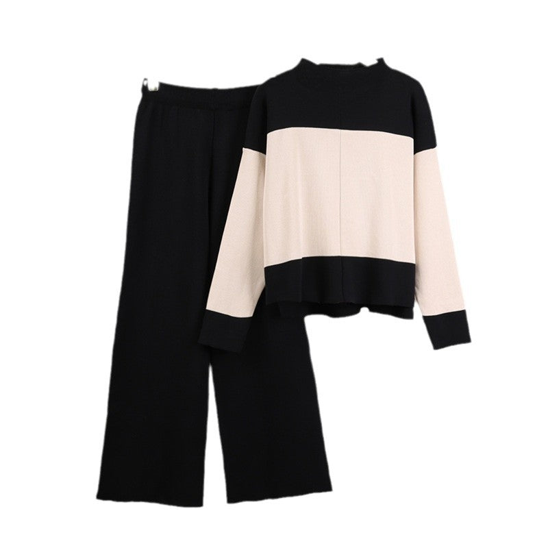 Loose Color-Blocked Sweater and Wide-Leg Pants Set - Trendy Two-Piece Outfit