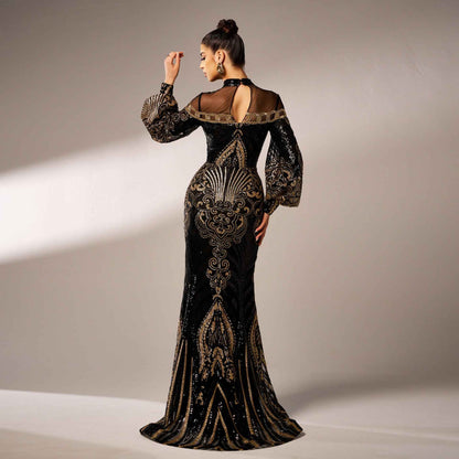 Long Sleeve Round Neck Sequins Mesh Fishtail Evening Dress