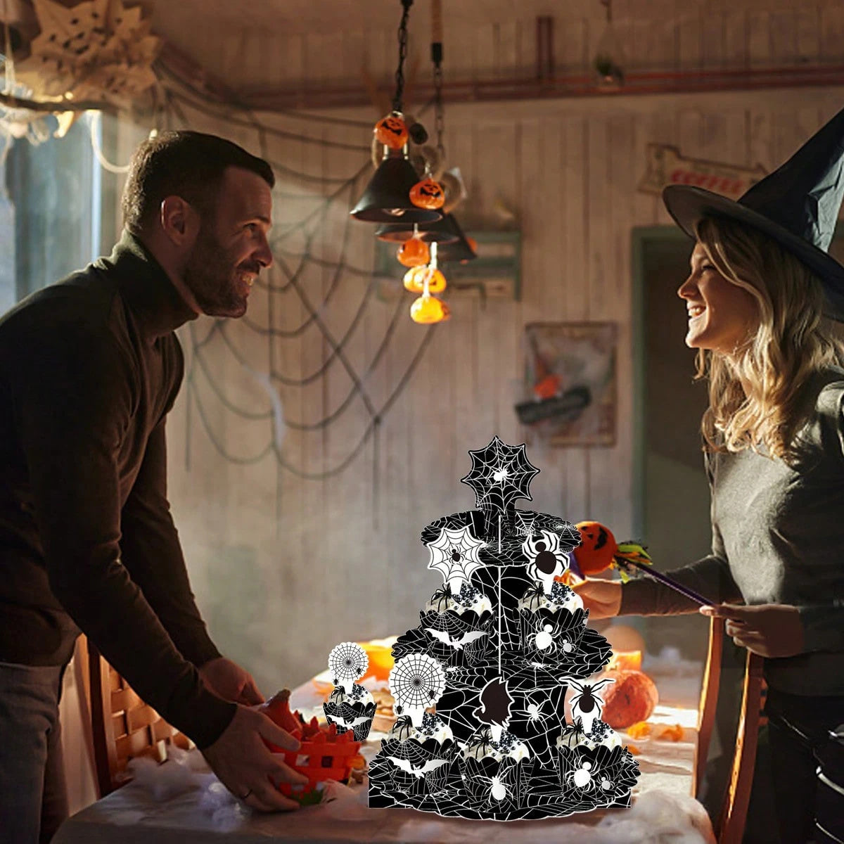 Halloween Three-Tier Cupcake Stand - Spider Web Design with Decorations