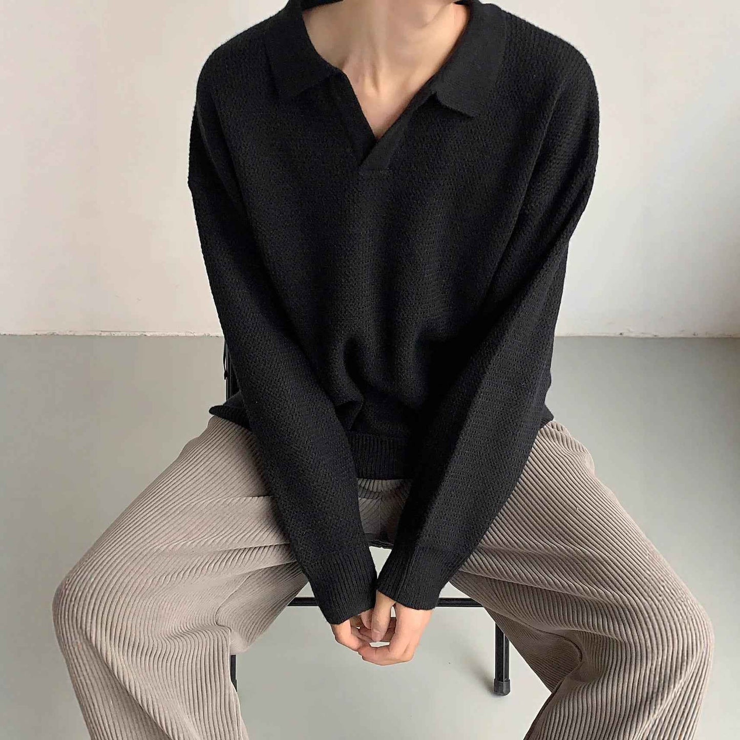 Solid Color Shirt Collar Men's Long Sleeve With Collar Outerwear Autumn Top Trendy Fake Two-piece