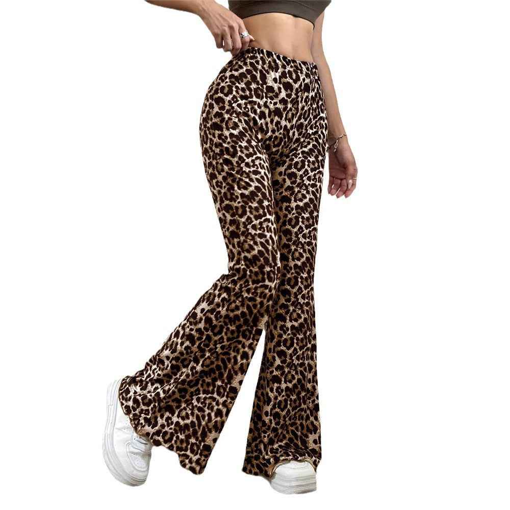 Casual Sexy Knitted Stretch Elastic Leopard Print Flared Pants