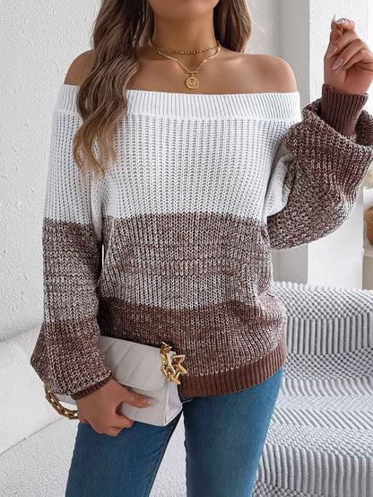 Women Casual Color Block Off-Shoulder Lantern Sleeve Pullover Sweater