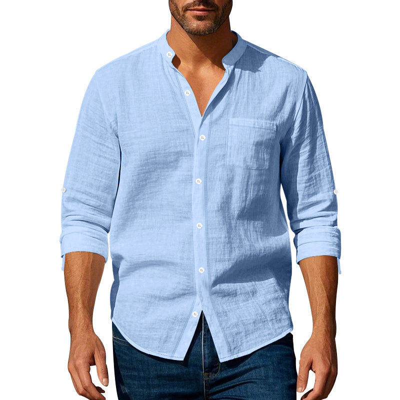 Men's Long Sleeve Stand Collar Shirt with Pockets - Casual Button-Up Top