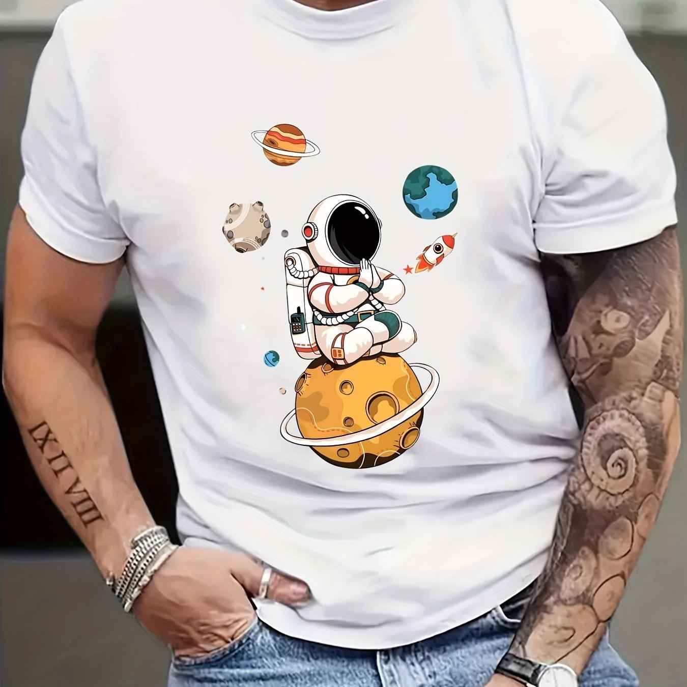 Astronaut & Planet Print T-Shirt - Men's Space Theme Graphic Tee