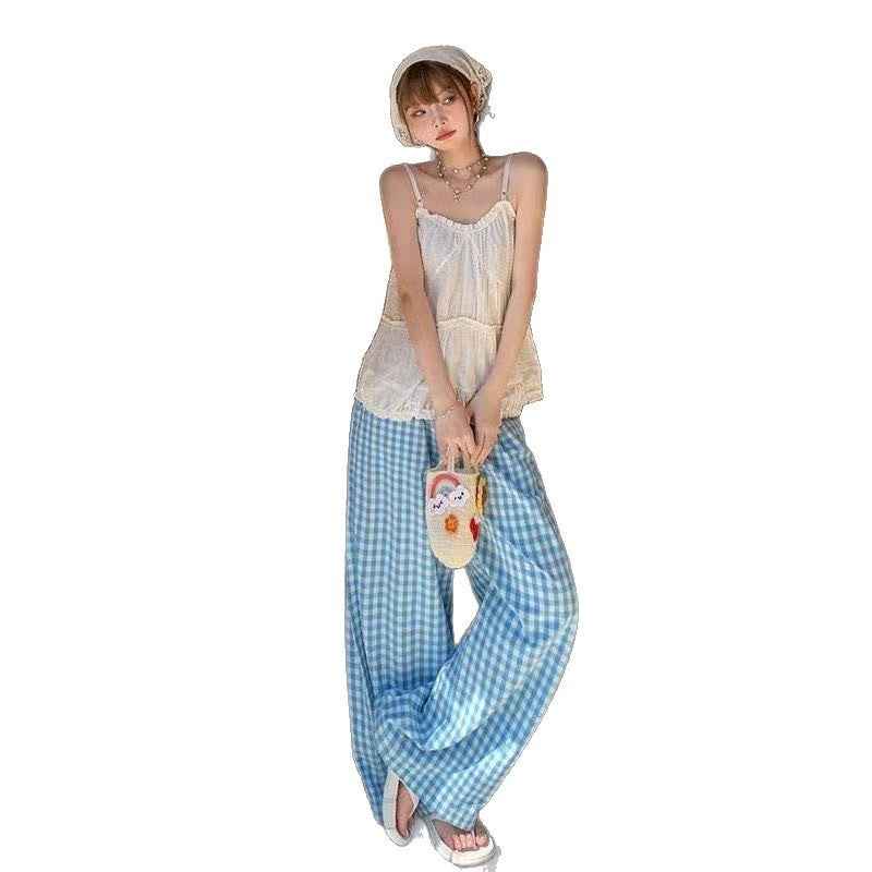 Color-block Dopamine Grid High-waisted Draped Wide-leg Pants Loose And Slimming Casual
