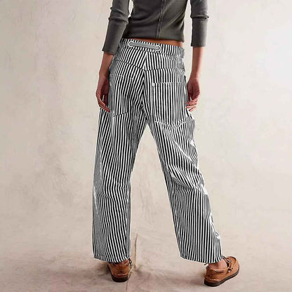 Fashion Commuter Casual Loose Wide Leg Striped Stitching Drawstring Pocket Trousers