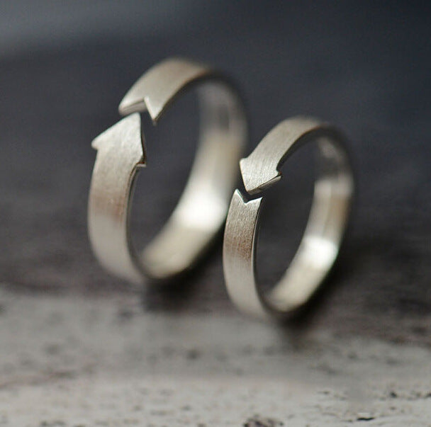 Sterling Silver Arrow Couple Ring - Brushed Finish Adjustable Band Set