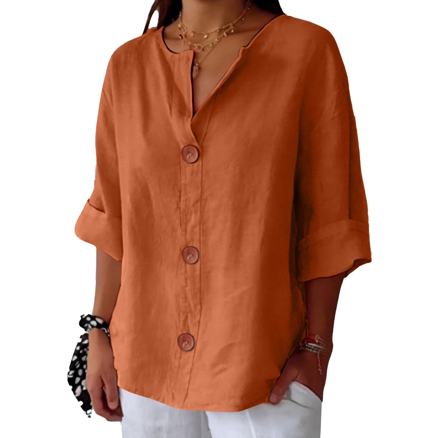 Loose V-Neck Cotton and Linen Button Top - Women's Casual Comfort Style