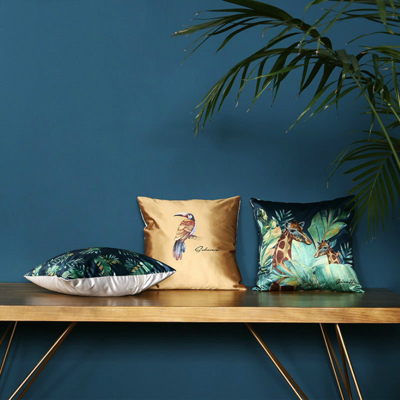 Modern rainforest bird green leaf print cushion cover