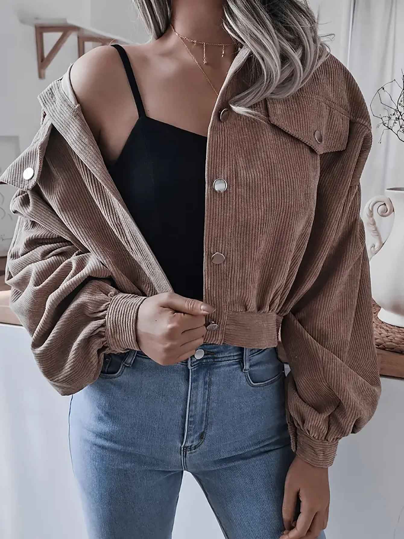 Lantern Sleeve Corduroy Casual Short Jacket