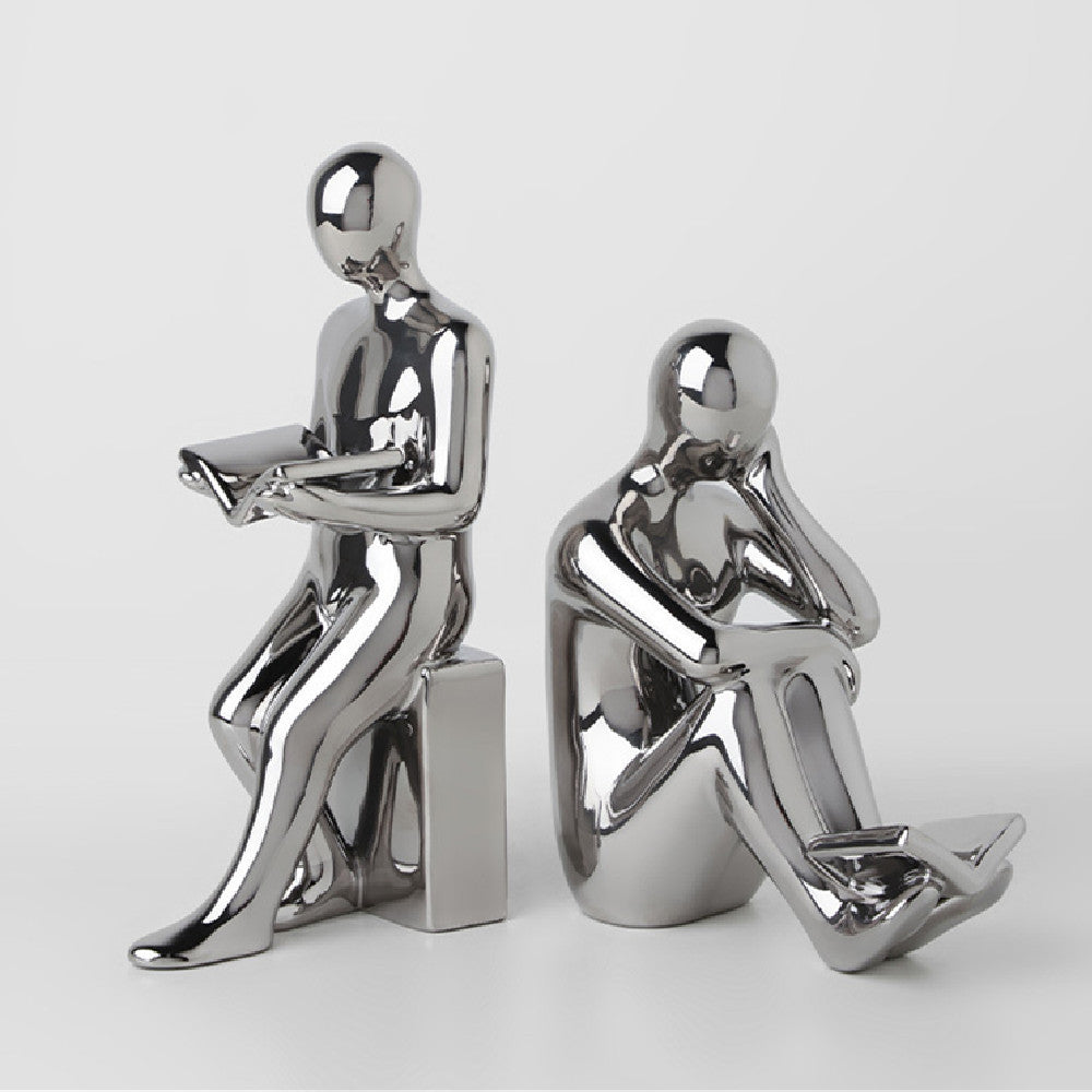 Premium White Porcelain Reading Figure Set - European Style Office Decoration
