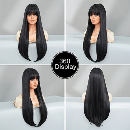 Stylish Synthetic Wig With Straight Hair, Non-toxic Wig, 26-inch Heat-resistant Long Black Hair, Bangs And Rose Net Hat, Suitable For The Whole Scene. - DropOnline.co