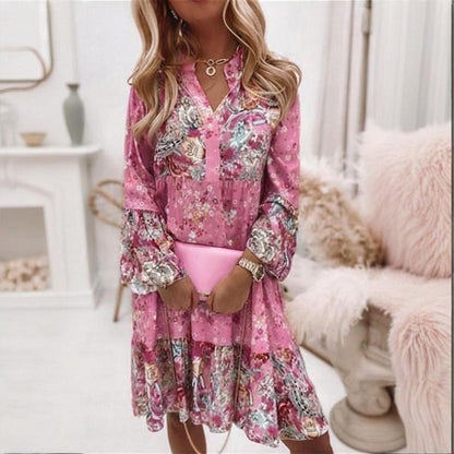Plus Size Women's Round Neck Button Front Floral Print Dress - Spring Summer Patchwork Midi Dress - DropOnline.co