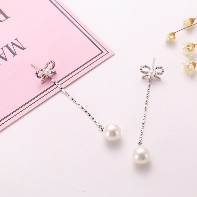 Sterling Silver Bow Earrings - Pearl Pendant Hypoallergenic
