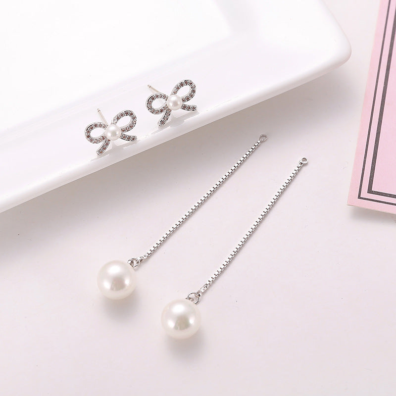 Sterling Silver Bow Earrings - Pearl Pendant Hypoallergenic