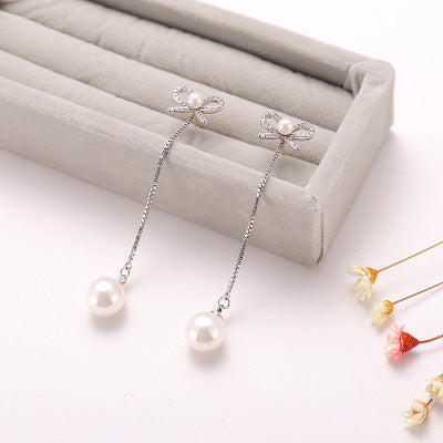 Sterling Silver Bow Earrings - Pearl Pendant Hypoallergenic