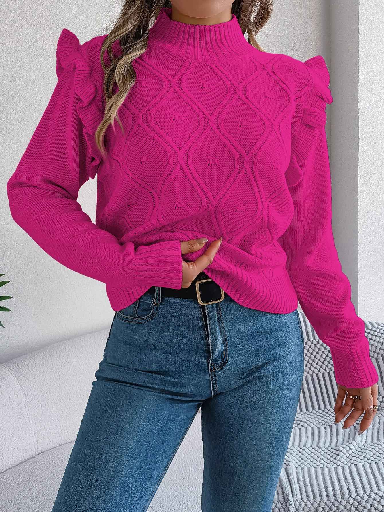 Women Solid Color Ruffled Mock Neck Long Sleeve Pullover Sweater