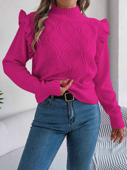 Women Solid Color Ruffled Mock Neck Long Sleeve Pullover Sweater