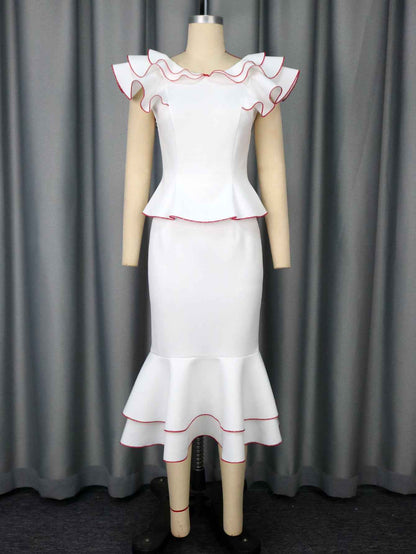 Women's Ruffled Contrast Color Top Temperament Slim Fishtail Skirt Suit