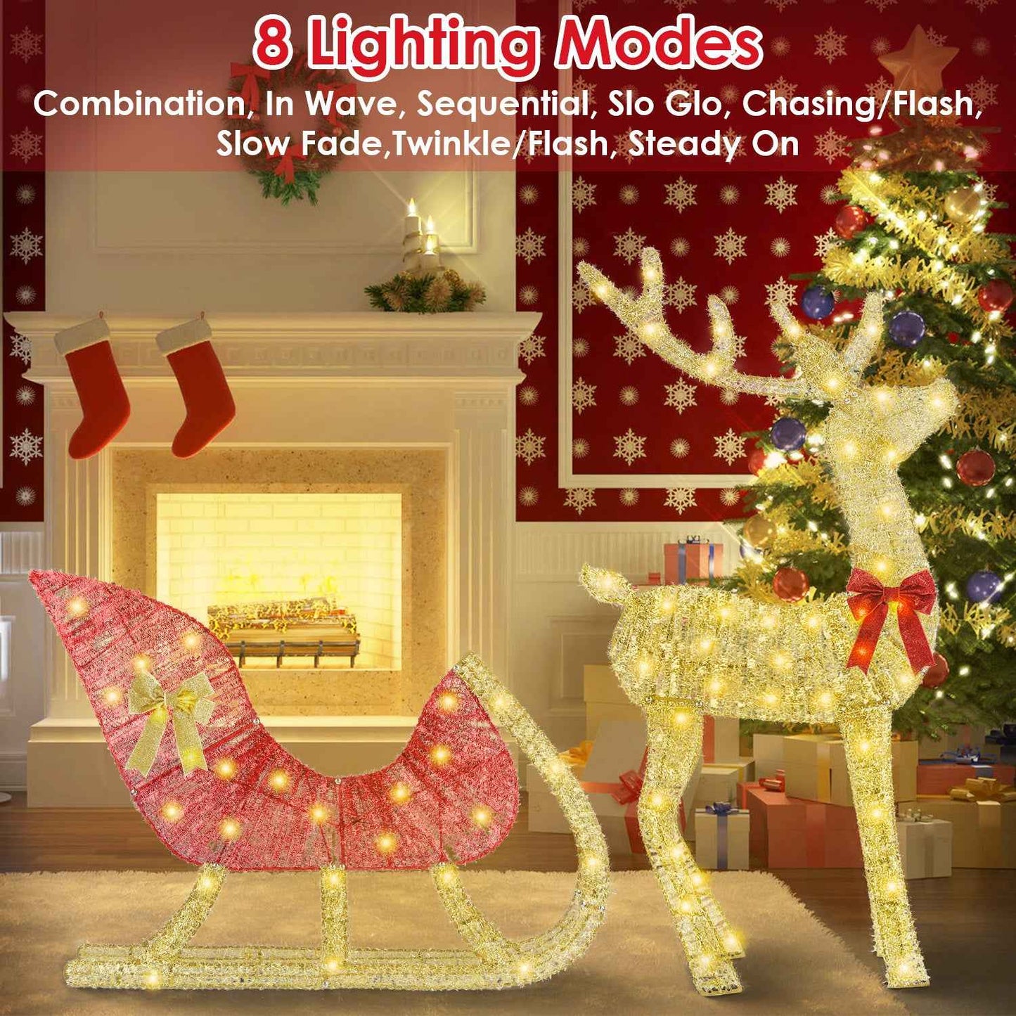 Lighted Christmas Reindeer & Sleigh - Indoor Outdoor Decoration with 8 Lighting Modes