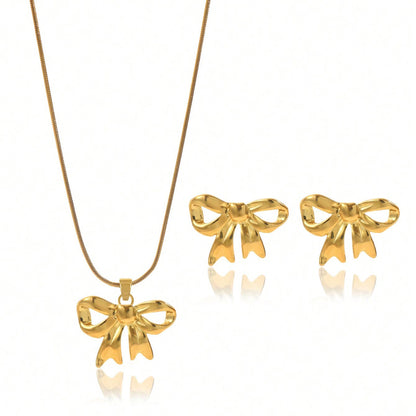 Lxalry 18K Gold Plated Stainless Steel Bow Jewelry Set For Women - Cute Waterproof Necklace & Earrings, Hypoallergenic, Elegant Gift For Birthday, Girlfriend, Christmas, Summer, Daily Wear - DropOnline.co
