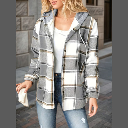 New Plaid Pattern Long Sleeved Hook And Loop Wool Lined Hooded Jacket For Warmth, Women's Plaid Hooded Drawstring Jacket, Single Breasted Closure, Comfortable And Casual - DropOnline.co