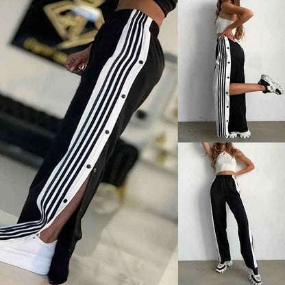 Fashion Trend Stripes Side Button Pants Wide Leg Pants