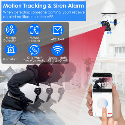1Pc E27 WiFi Bulb Camera 1080P FHD WiFi IP Pan Tilt Security Surveillance Camera With Two-Way Audio Full Color Night Vision Flood Light Motion Tracking Siren Function APP Control - DropOnline.co