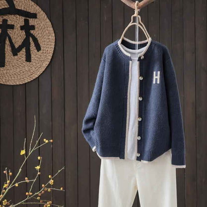 Round Neck Single-breasted Knitted Cardigan Women's Loose Coat