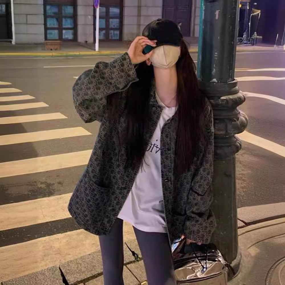 High Street Retro Denim Jacket For Women, Unique Design, Versatile Printed Jacket