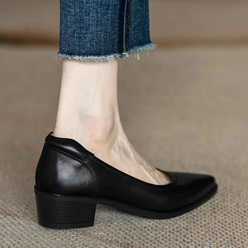 Women's Single Shoes Retro Brown Shallow Mouth Pointed Toe Commuting Mid-heel Anti-slip