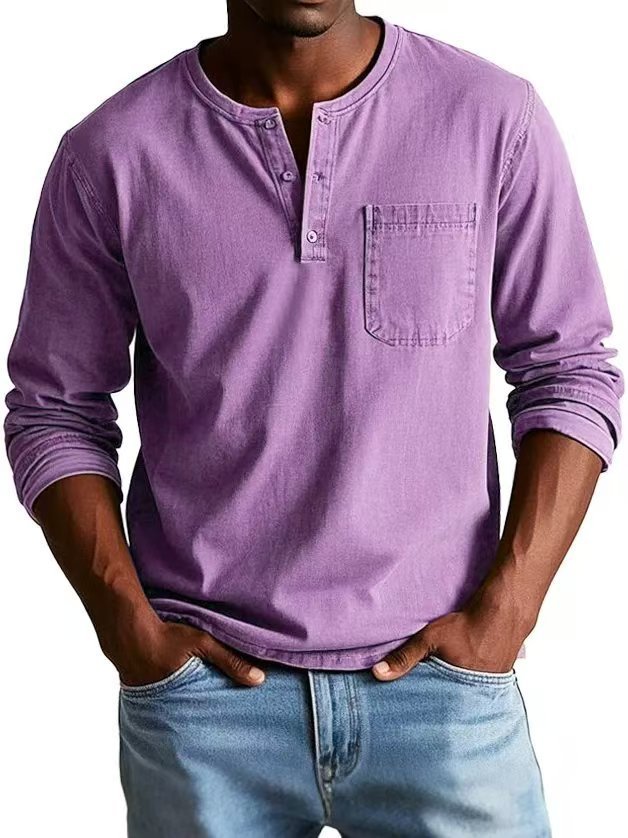 Men's V-Neck Long Sleeve T-Shirt - Button Design Casual Pullover