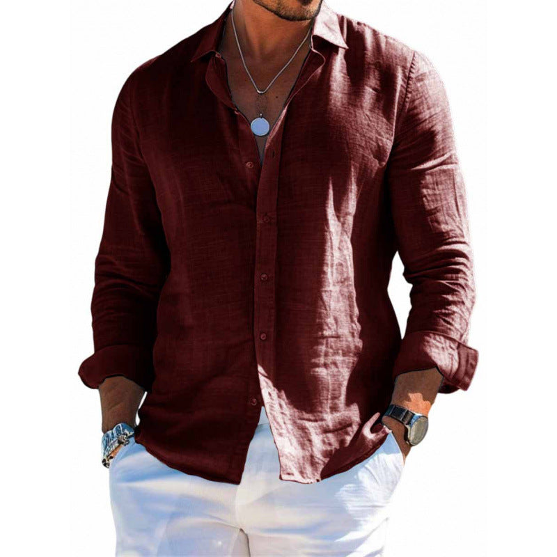 Men's Long Sleeve Casual Loose Lapel Button Shirt - Solid Color Plus Size Top