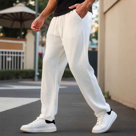 Men's Pleated Plain Color Casual Belt Drawstring And Pocket Spring Ice Feeling Straight-leg Trousers